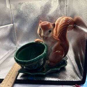 Whimsical Squirrel Figurine with Green acorn bowl planter.